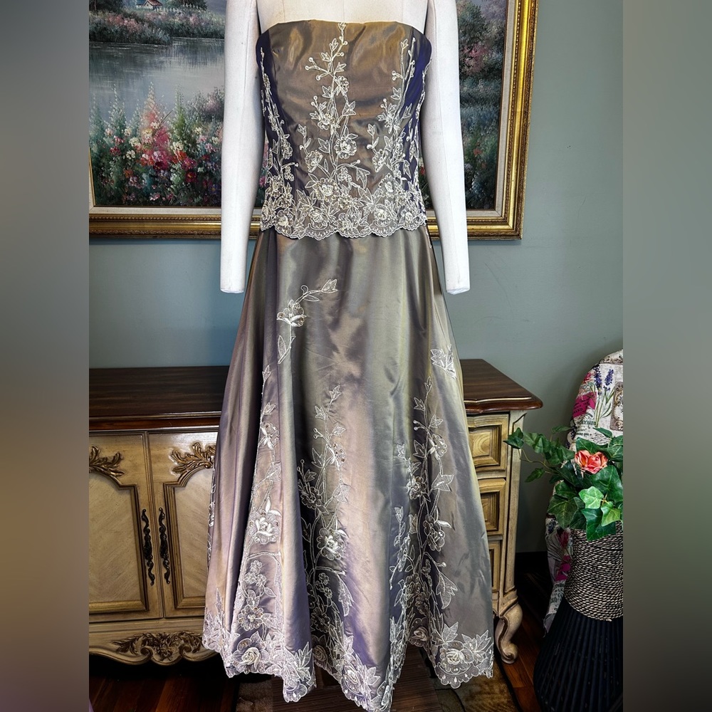 Montage Lilac & Gold Flip Flop Iridescent Beaded Sequin Floral Strapless Gown